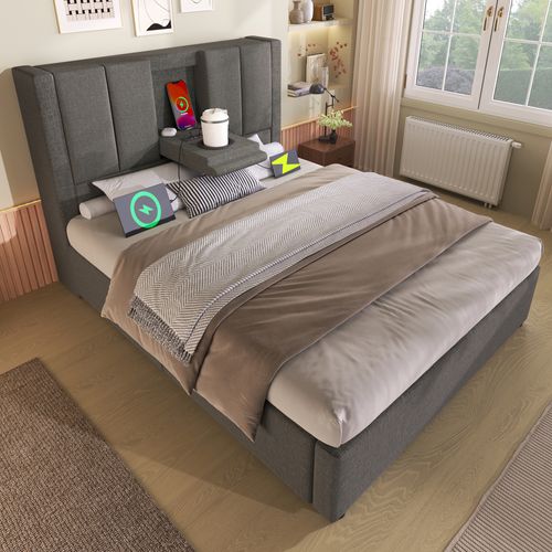 Lit Coffre 90x200 Cm Avec Structure Hydraulique Tissu Gris