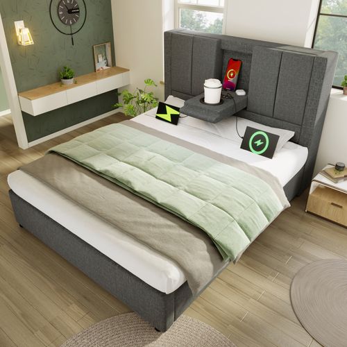 Lit Coffre 90x200 Cm Avec Structure Hydraulique Tissu Gris