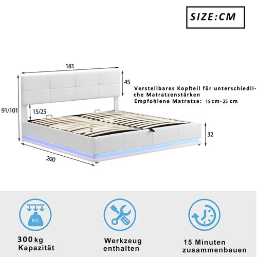 Lit Coffre 180x200 Cm Avec Sommier Relevable En Simili Cuir Blanc