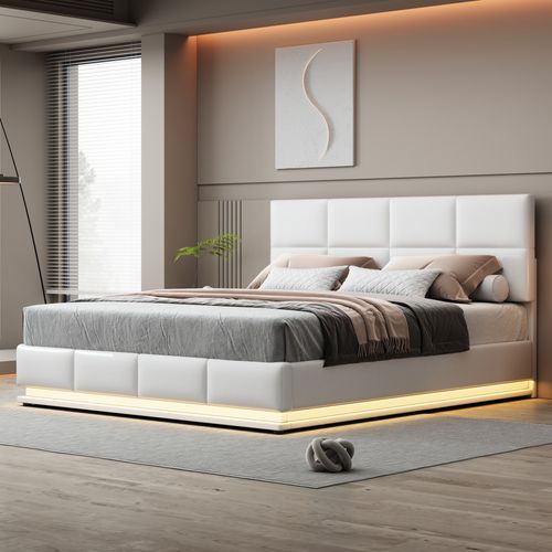 Lit Coffre 180x200 Cm Avec Sommier Relevable En Simili Cuir Blanc