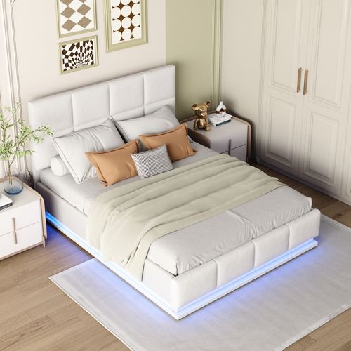 Lit Coffre 140x200 Cm Avec Sommier Relevable LED Blanc