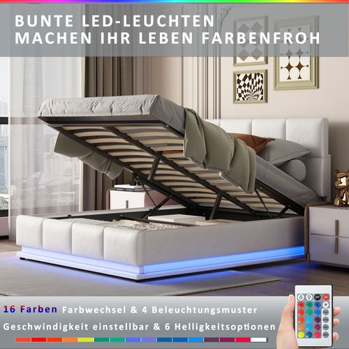 Lit Coffre 140x200 Cm Avec Sommier Relevable LED Blanc