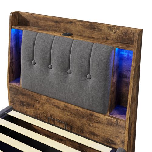 Lit Rembourré 90x200 Cm Avec Tête De Lit De Rangement Tissu Gris