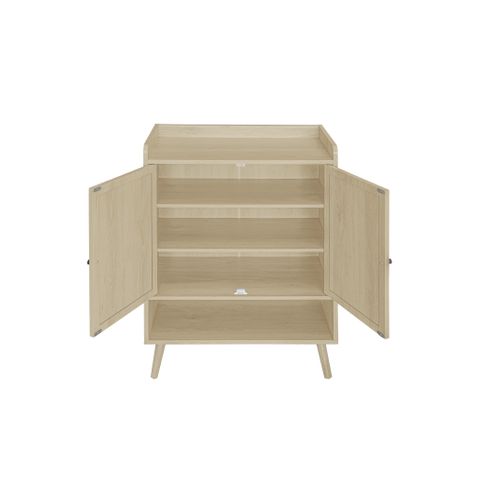 Meuble à Chaussures à Deux Portes En Bois Naturel Avec Design En Rotin, 68×35×90cm.