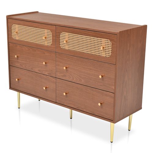 Commode Moderne En Noyer Avec 6 Tiroirs En Rotin, Buffet Haut Pour Chambre Et Salon, 120x40x90cm