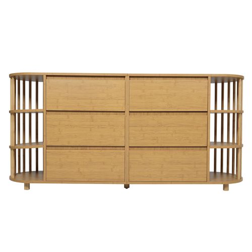 Commode 160 Cm En Chêne Avec 6 Tiroirs Et Étagères Ouvertes, Pieds Réglables