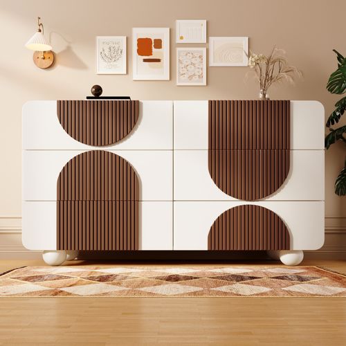 Commode Élégante Blanche 6 Tiroirs Avec Lattes Bois Chocolat, Design Courbé, 121x71x41cm