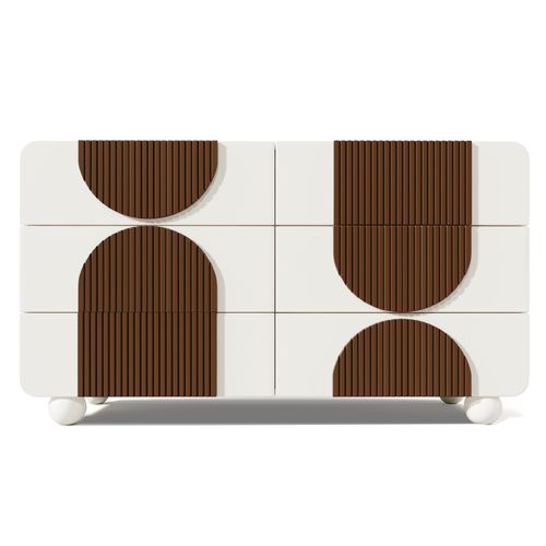 Commode Élégante Blanche 6 Tiroirs Avec Lattes Bois Chocolat, Design Courbé, 121x71x41cm