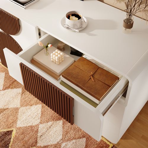 Commode Élégante Blanche 6 Tiroirs Avec Lattes Bois Chocolat, Design Courbé, 121x71x41cm