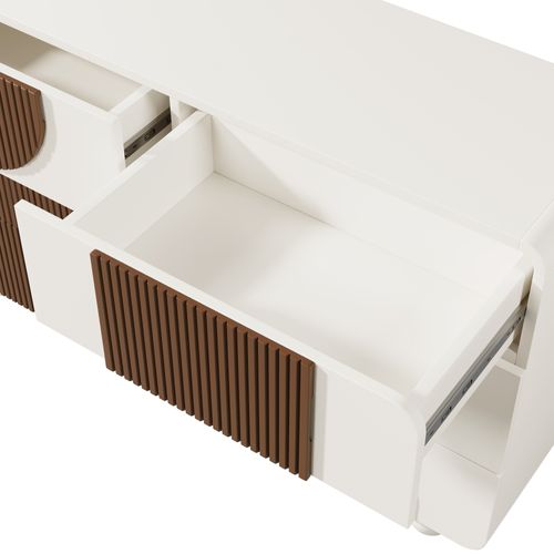 Commode Élégante Blanche 6 Tiroirs Avec Lattes Bois Chocolat, Design Courbé, 121x71x41cm