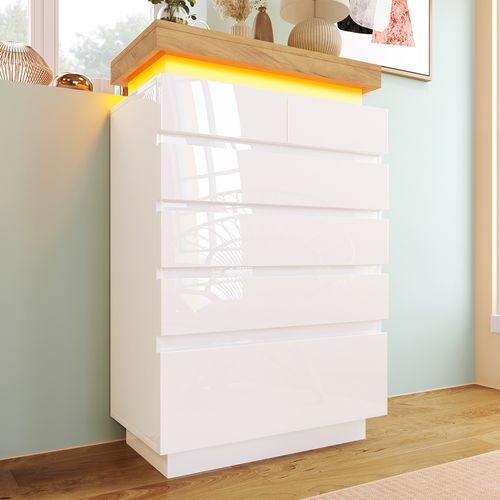 Commode Blanc Brillant 6 Tiroirs Avec Éclairage LED Via Application, Meuble 115x39x73 Cm
