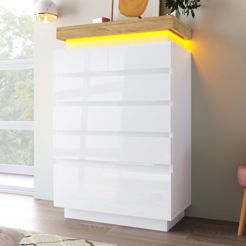 Commode Blanc Brillant 6 Tiroirs Avec Éclairage LED Via Application, Meuble 115x39x73 Cm