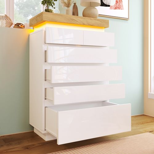 Commode Blanc Brillant 6 Tiroirs Avec Éclairage LED Via Application, Meuble 115x39x73 Cm