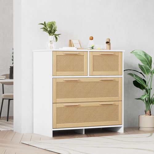 Commode Rattan 4 Tiroirs Avec Poignées En Bois, Meuble De Rangement Pour Salon,chambre,80x80x38cm