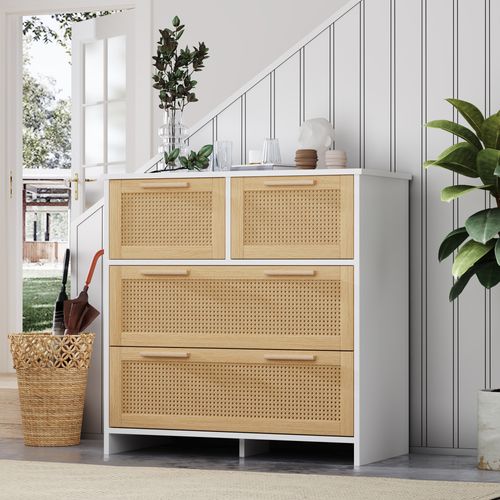 Commode Rattan 4 Tiroirs Avec Poignées En Bois, Meuble De Rangement Pour Salon,chambre,80x80x38cm