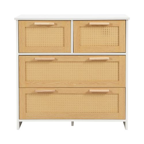 Commode Rattan 4 Tiroirs Avec Poignées En Bois, Meuble De Rangement Pour Salon,chambre,80x80x38cm