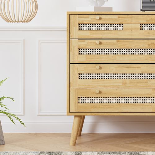 Commode Classique Avec 3 Tiroirs, Plateau En Rotin, Dessus Rabattable, Pieds En Bois, 90x40x80 Cm