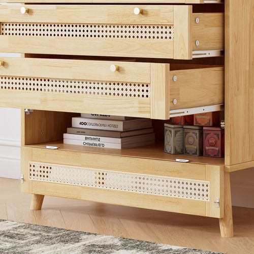 Commode Classique Avec 3 Tiroirs, Plateau En Rotin, Dessus Rabattable, Pieds En Bois, 90x40x80 Cm