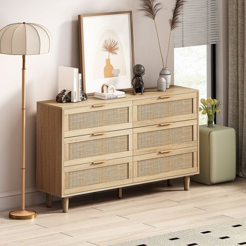 Commode De Rangement 6 Tiroirs En Rotin, Pour Chambre Et Salon, 130 Cm, Naturel