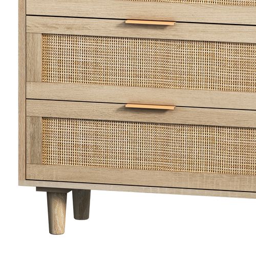 Commode De Rangement 6 Tiroirs En Rotin, Pour Chambre Et Salon, 130 Cm, Naturel