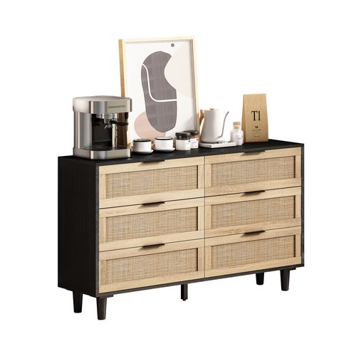 Commodet Rangement 6 Tiroirs En Rotin, Pour Chambre Et Salon, 130 Cm, Noir