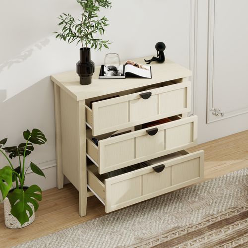 Commode 3 Tiroirs 80×40×80 Cm, Design Bois Naturel Avec Gravure Linéaire,pour Salon,chambre