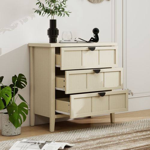 Commode 3 Tiroirs 80×40×80 Cm, Design Bois Naturel Avec Gravure Linéaire,pour Salon,chambre