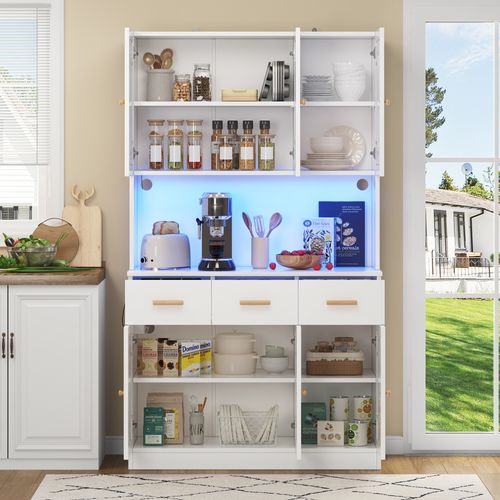 Buffet De Cuisine Blanc (182 Cm) Avec LED, Prises, Portes En Tissu Et Poignées En Bois Massif