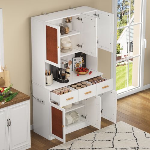 Buffet De Cuisine Blanc (182 Cm) Avec LED, Prises, Portes En Tissu Et Poignées En Bois Massif