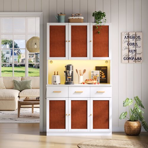 Buffet De Cuisine Blanc (182 Cm) Avec LED, Prises, Portes En Tissu Et Poignées En Bois Massif