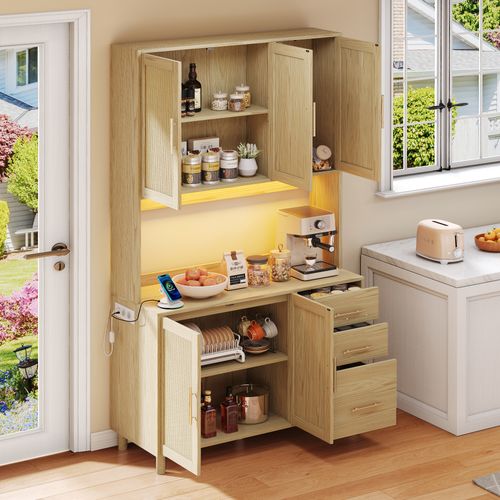 Buffet (183 Cm) Avec LED Contrôlable Par Application, 2 USB, 2 Prises, 3 Tiroirs