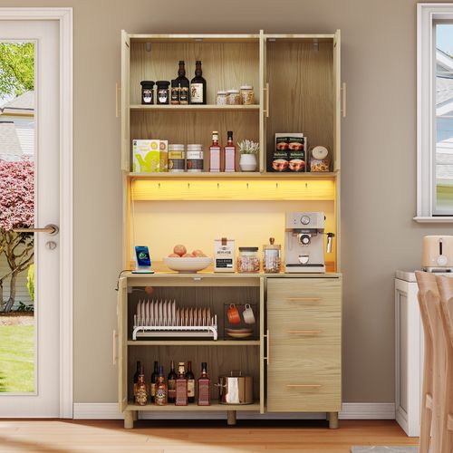 Buffet (183 Cm) Avec LED Contrôlable Par Application, 2 USB, 2 Prises, 3 Tiroirs