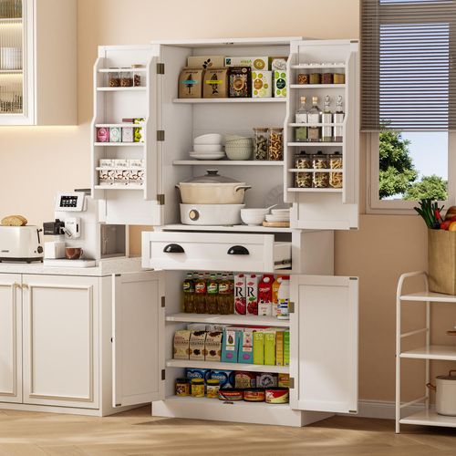 Buffet Blanc (182 Cm) Avec 4 Portes, 1 Tiroir, 6 Compartiments Et Étagères Réglables, Pour Cuisine