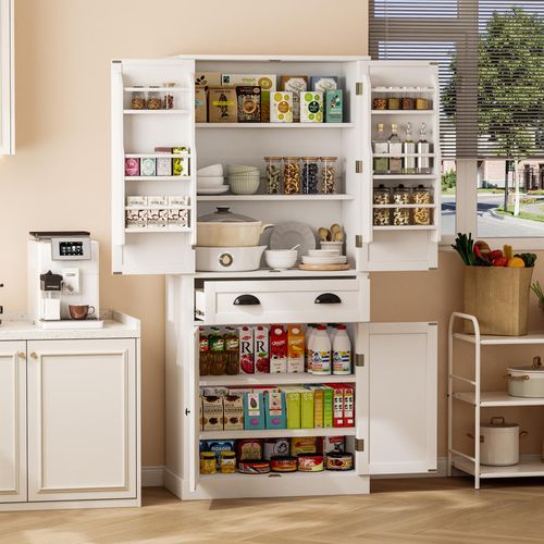 Buffet Blanc (182 Cm) Avec 4 Portes, 1 Tiroir, 6 Compartiments Et Étagères Réglables, Pour Cuisine
