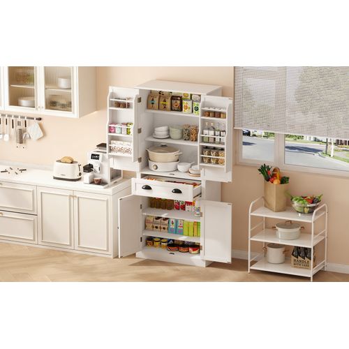 Buffet Blanc (182 Cm) Avec 4 Portes, 1 Tiroir, 6 Compartiments Et Étagères Réglables, Pour Cuisine