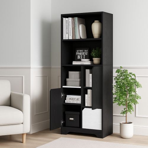 Bibliothèque Avec Portes Et Tiroirs, Pour Salon Et Chambre - Noir Et Blanc