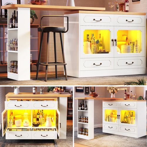 Tableau De Bar Extensible (135-203×39×92,8 Cm), Pivotante à 360°, Avec LED, Blanche.