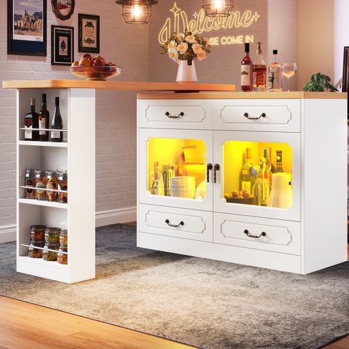 Tableau De Bar Extensible (135-203×39×92,8 Cm), Pivotante à 360°, Avec LED, Blanche.