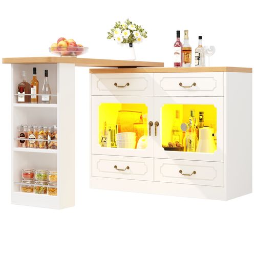 Tableau De Bar Extensible (135-203×39×92,8 Cm), Pivotante à 360°, Avec LED, Blanche.