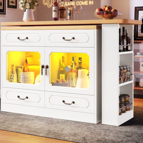 Tableau De Bar Extensible (135-203×39×92,8 Cm), Pivotante à 360°, Avec LED, Blanche.