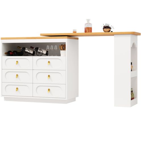 Table De Bar Extensible 138-203 Cm, Pivotante à 360°, Avec Rangement Et Tiroirs, Blanche.