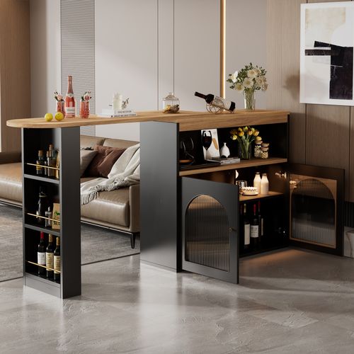 Table De Bar Extensible Avec Rangement Et Bande LED (lumière Réglable),noire(138-193 X 39 X 105 Cm)