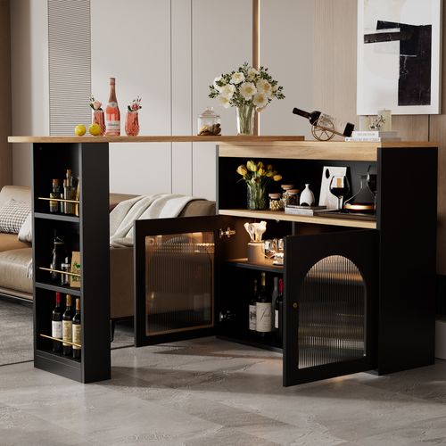 Table De Bar Extensible Avec Rangement Et Bande LED (lumière Réglable),noire(138-193 X 39 X 105 Cm)