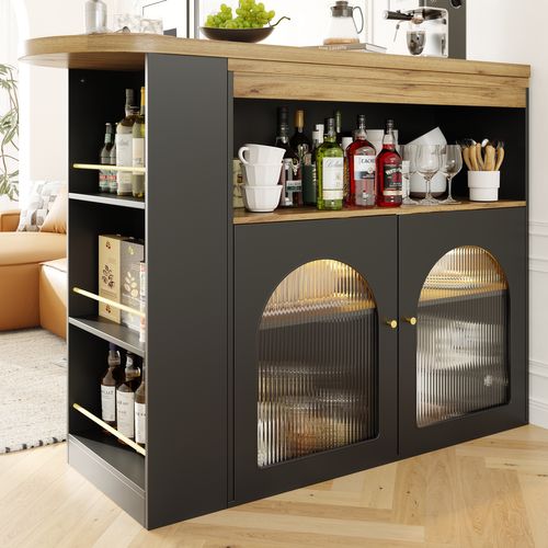 Table De Bar Extensible Avec Rangement Et Bande LED (lumière Réglable),noire(138-193 X 39 X 105 Cm)