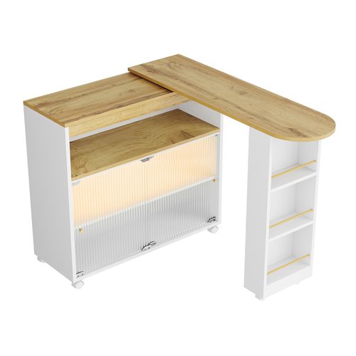 Table De Bar Extensible Avec LED Et Rangement, Mobile, Blanche (138-204 X 39 X 105 Cm)