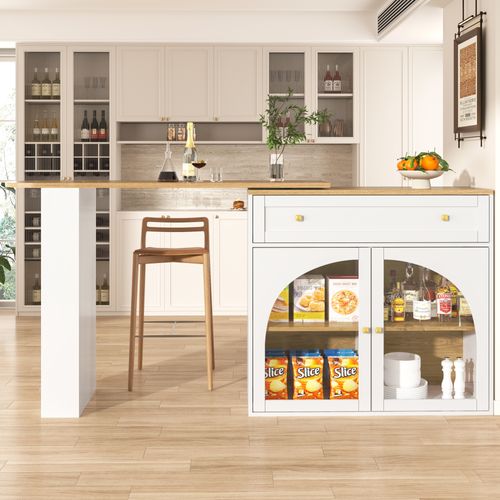 Table De Bar Extensible, Pivotante à 360°, Avec Étagères Et Verre, Blanche (138-204 X 39 X 104 Cm)