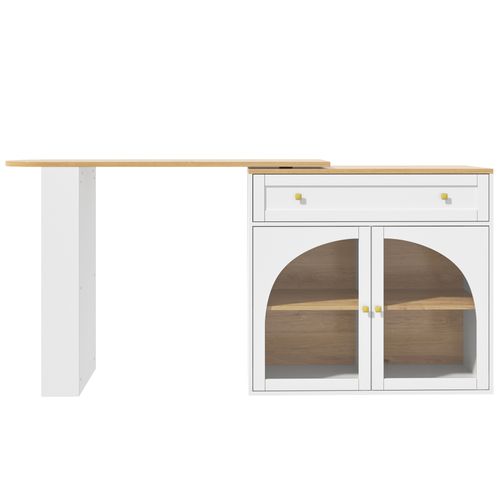 Table De Bar Extensible, Pivotante à 360°, Avec Étagères Et Verre, Blanche (138-204 X 39 X 104 Cm)