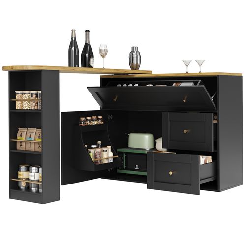 Table De Bar Extensible Avec Rangement, Armoire Et Snack, Noire (138-204 X 39 X 105 Cm)