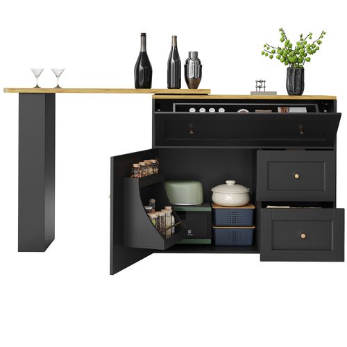 Table De Bar Extensible Avec Rangement, Armoire Et Snack, Noire (138-204 X 39 X 105 Cm)