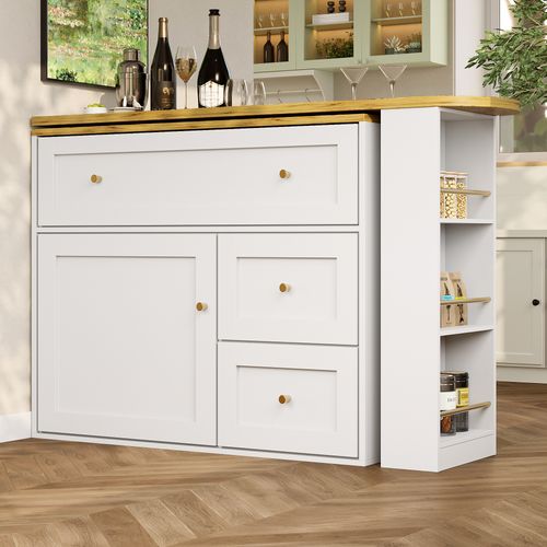 Table De Bar Extensible Avec Rangement, Armoire Et Snack, Blanche (138-204 X 39 X 105 Cm)